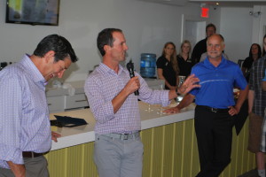 Mike Weir addresses the gathering at the official opening of Mike Weir Winery in Beamsville, June 21, with winery president Barry Katzman, left and Lincoln Mayor Bill Hodgson.